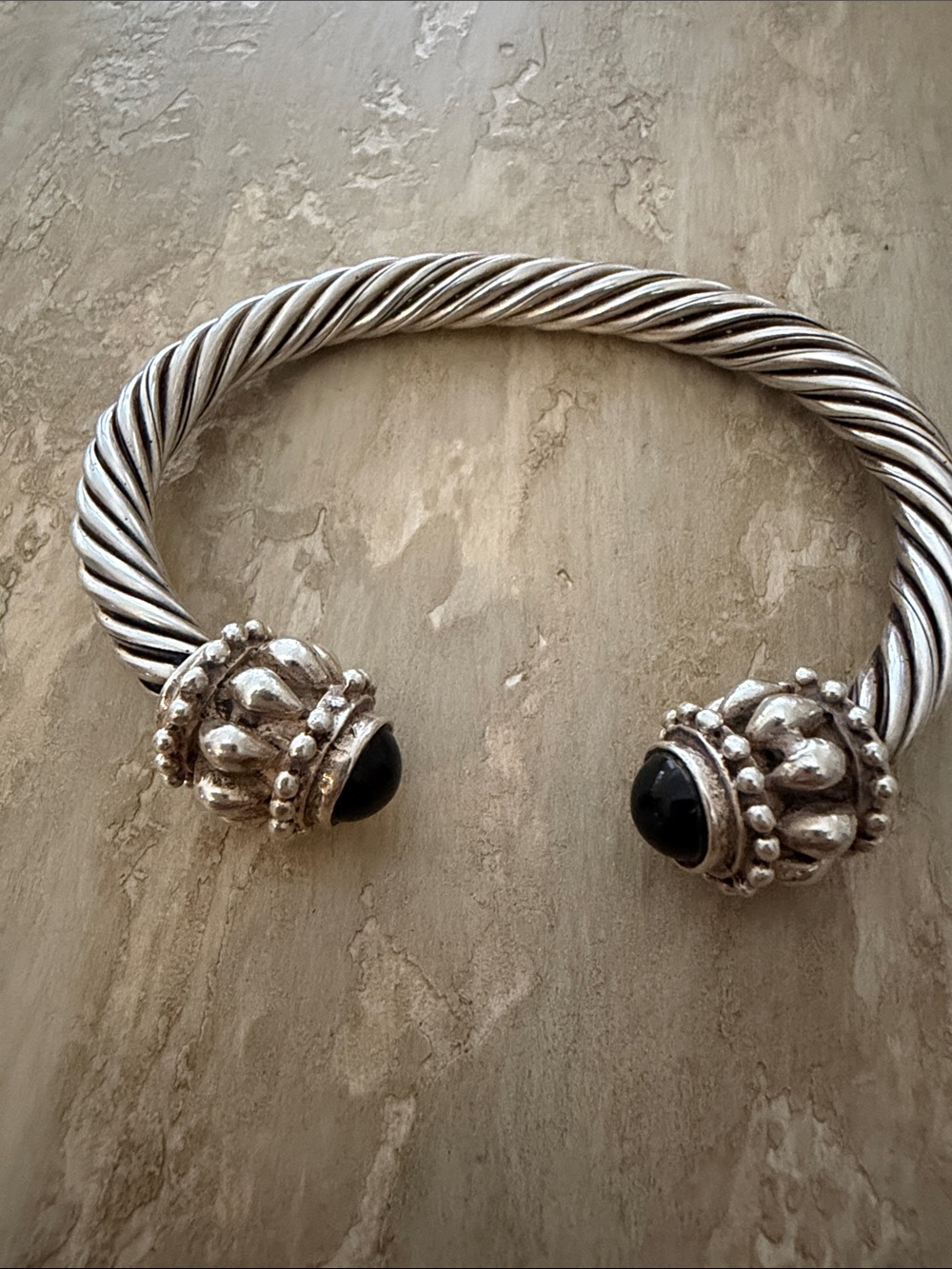 Sterling-Style Twisted Silver Cuff Bracelet with Black Onyx End Caps
